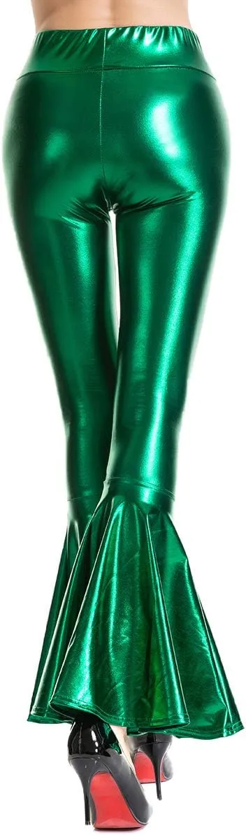 Womens Metallic Wide Leg Pants Mermaid Wet Look Bell Bottoms Slim Fitted High Waist Stretchy Flared Trousers