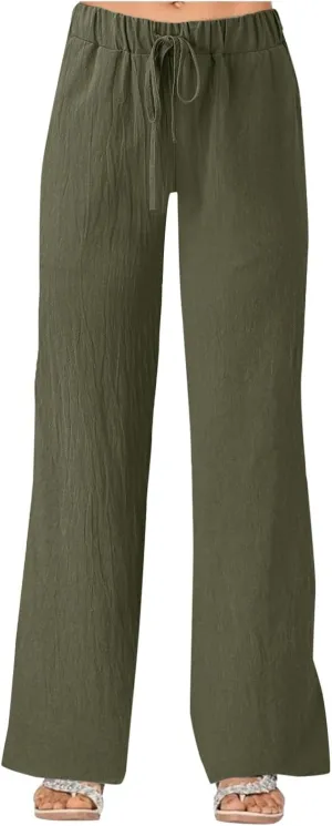Women's Pants Wide Leg Casual High Waisted Pants Linen Drawstring Elastic Straight Y2K Lounge Summer Beach Trousers