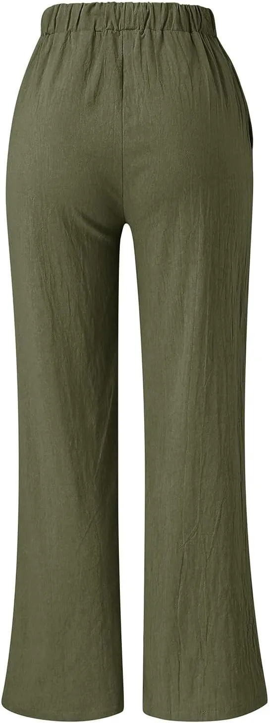 Women's Pants Wide Leg Casual High Waisted Pants Linen Drawstring Elastic Straight Y2K Lounge Summer Beach Trousers