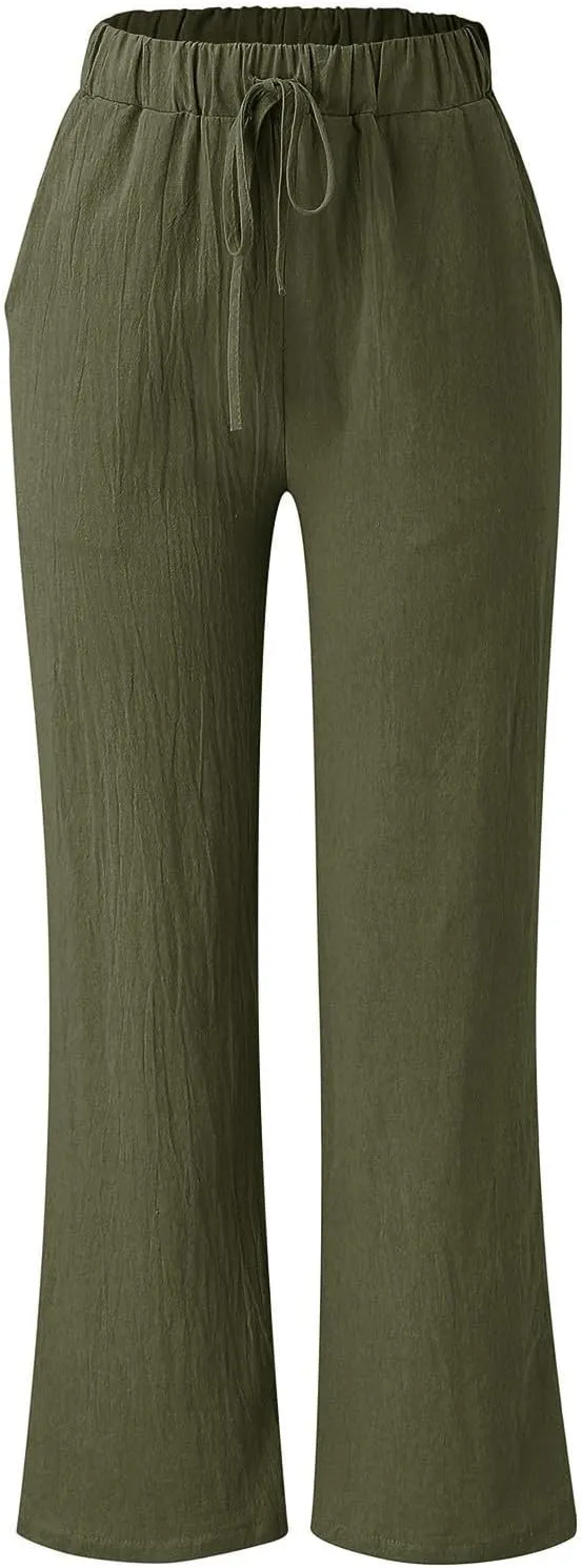 Women's Pants Wide Leg Casual High Waisted Pants Linen Drawstring Elastic Straight Y2K Lounge Summer Beach Trousers
