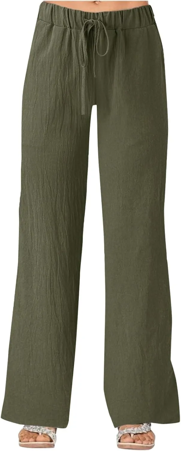Women's Pants Wide Leg Casual High Waisted Pants Linen Drawstring Elastic Straight Y2K Lounge Summer Beach Trousers