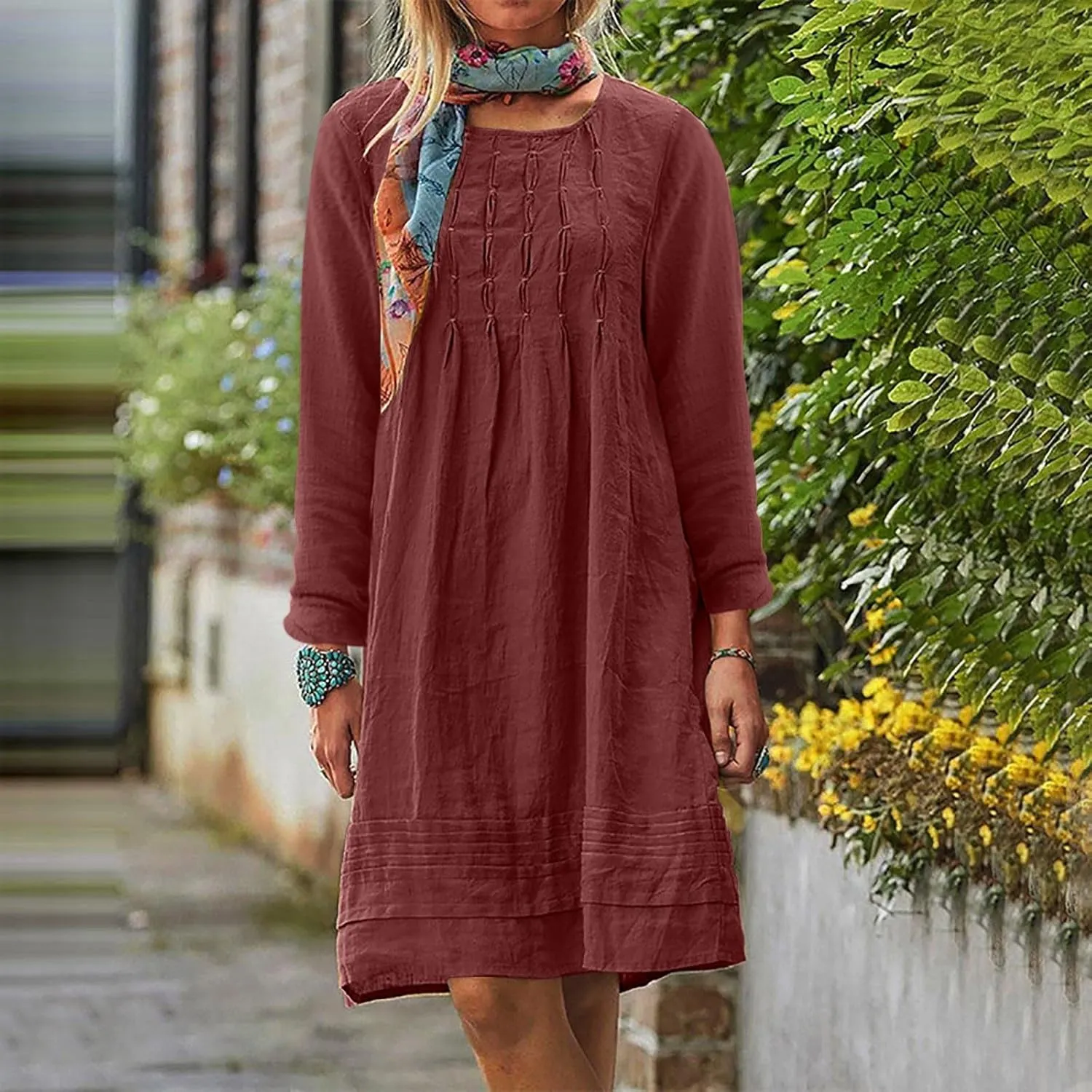 Women's Plain Cotton Linen Dresses Long Sleeve Knee-Length Peasant Dress Boho Plus Size Loose Fit Pleated Midi Dress