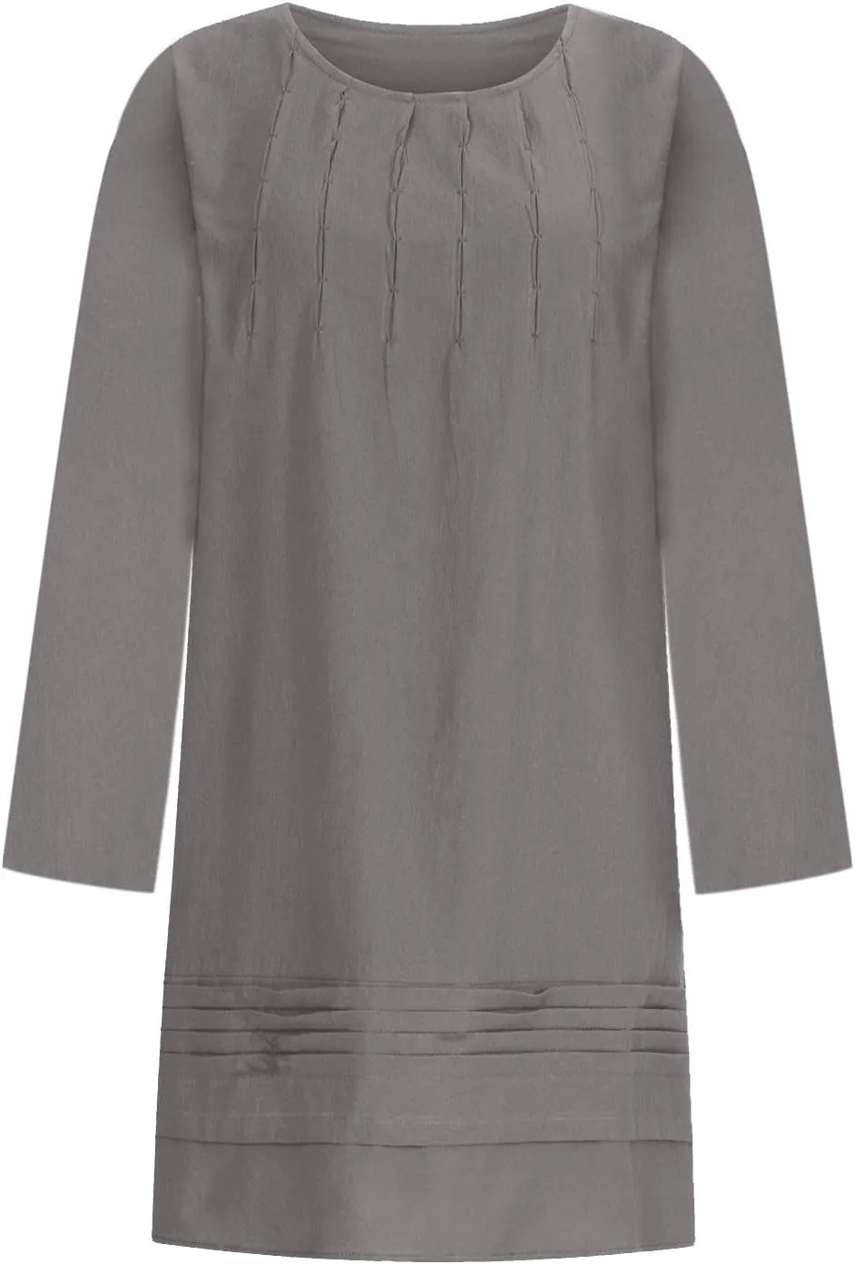 Women's Plain Cotton Linen Dresses Long Sleeve Knee-Length Peasant Dress Boho Plus Size Loose Fit Pleated Midi Dress