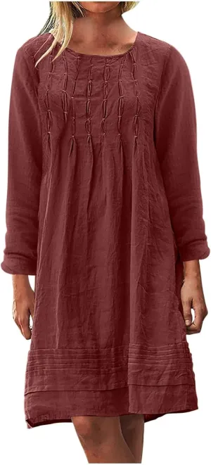 Women's Plain Cotton Linen Dresses Long Sleeve Knee-Length Peasant Dress Boho Plus Size Loose Fit Pleated Midi Dress