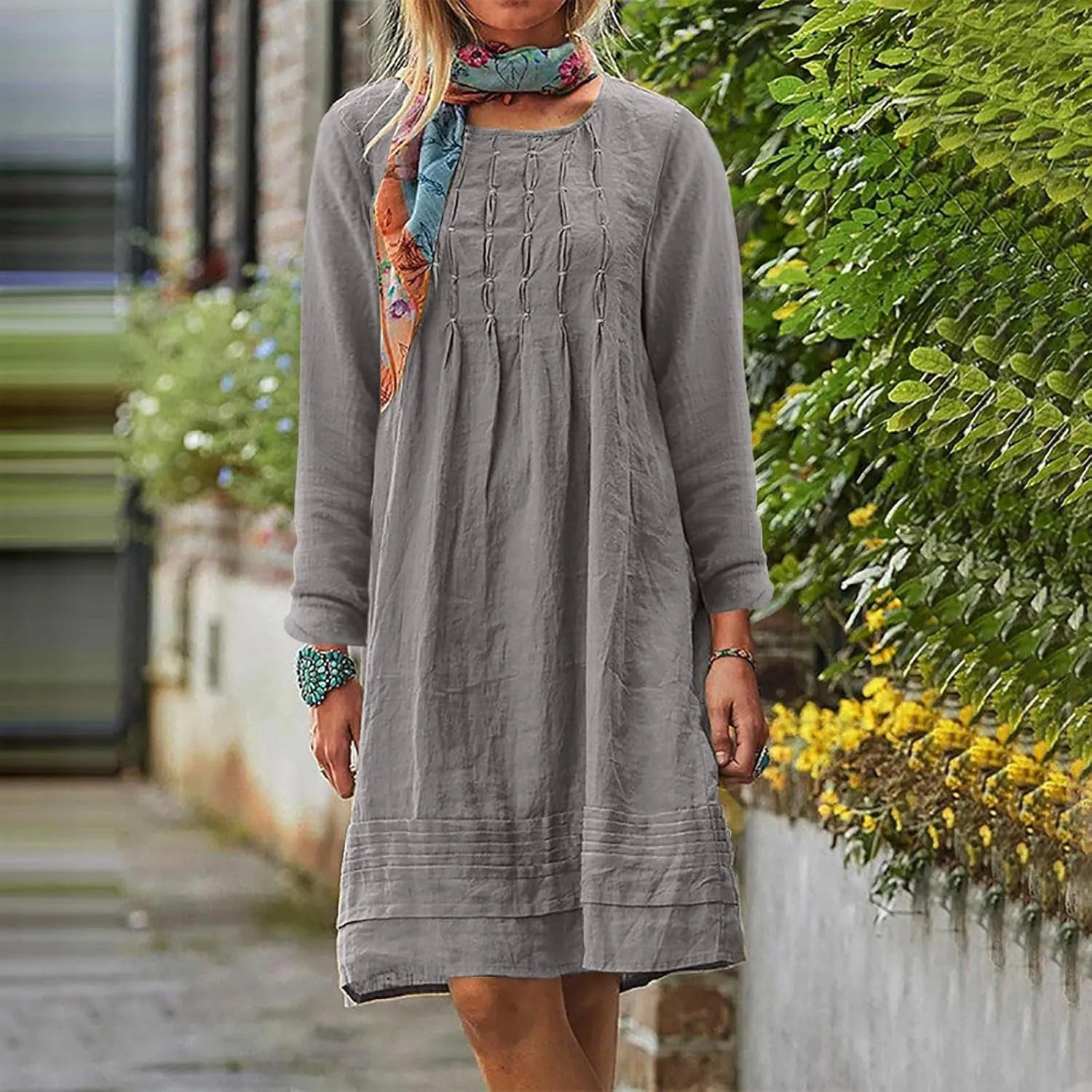 Women's Plain Cotton Linen Dresses Long Sleeve Knee-Length Peasant Dress Boho Plus Size Loose Fit Pleated Midi Dress