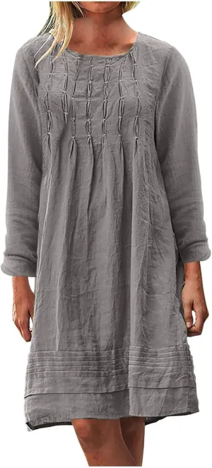Women's Plain Cotton Linen Dresses Long Sleeve Knee-Length Peasant Dress Boho Plus Size Loose Fit Pleated Midi Dress