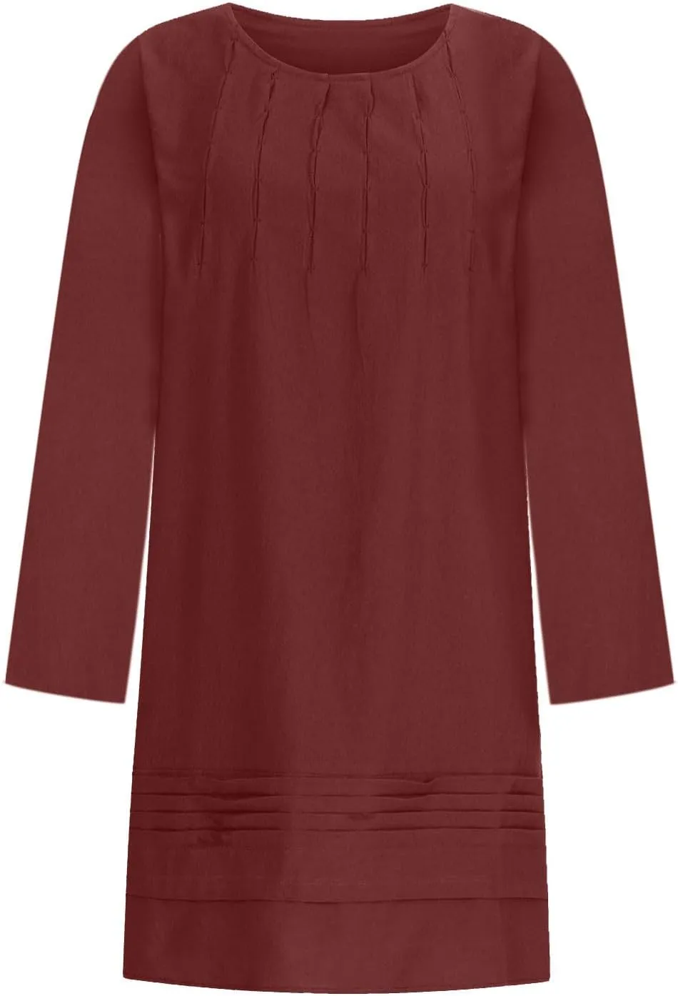 Women's Plain Cotton Linen Dresses Long Sleeve Knee-Length Peasant Dress Boho Plus Size Loose Fit Pleated Midi Dress