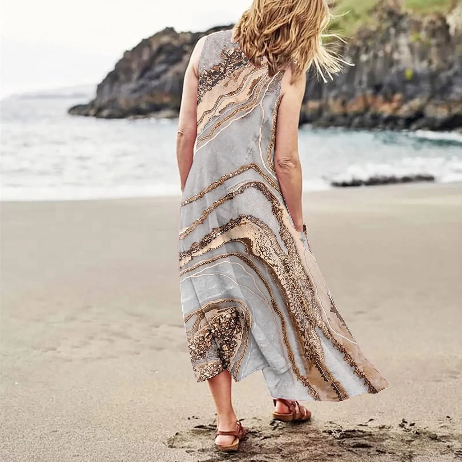 Womens Plus Size Summer Dresses 2025 Gradient Ombre Loose Casual Vacation Sleeveless Boho Tank Midi Pockets Sundresses