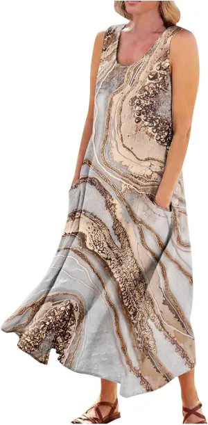 Womens Plus Size Summer Dresses 2025 Gradient Ombre Loose Casual Vacation Sleeveless Boho Tank Midi Pockets Sundresses