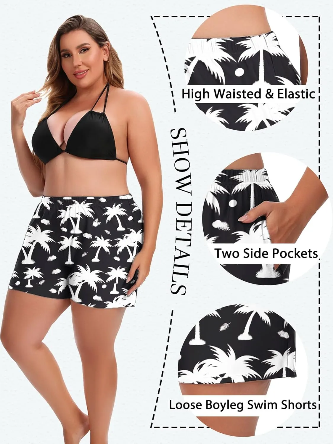 Women's Plus Size Swim Shorts High Waisted Bathing Suit Bottoms Long Swimsuit Board Short Tankini Trunks with Pocket