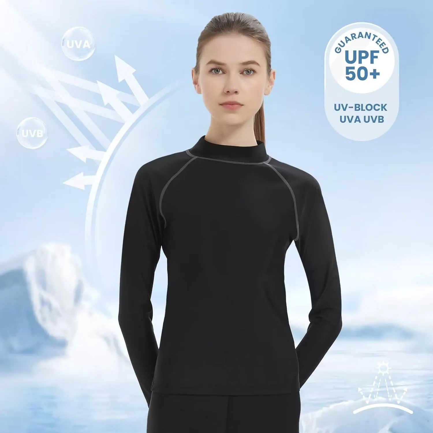 Womens Rash Guard UPF 50  Mock Turtleneck Swim Shirts Long Sleeve Quick Dry Lightweight Underwear for Women