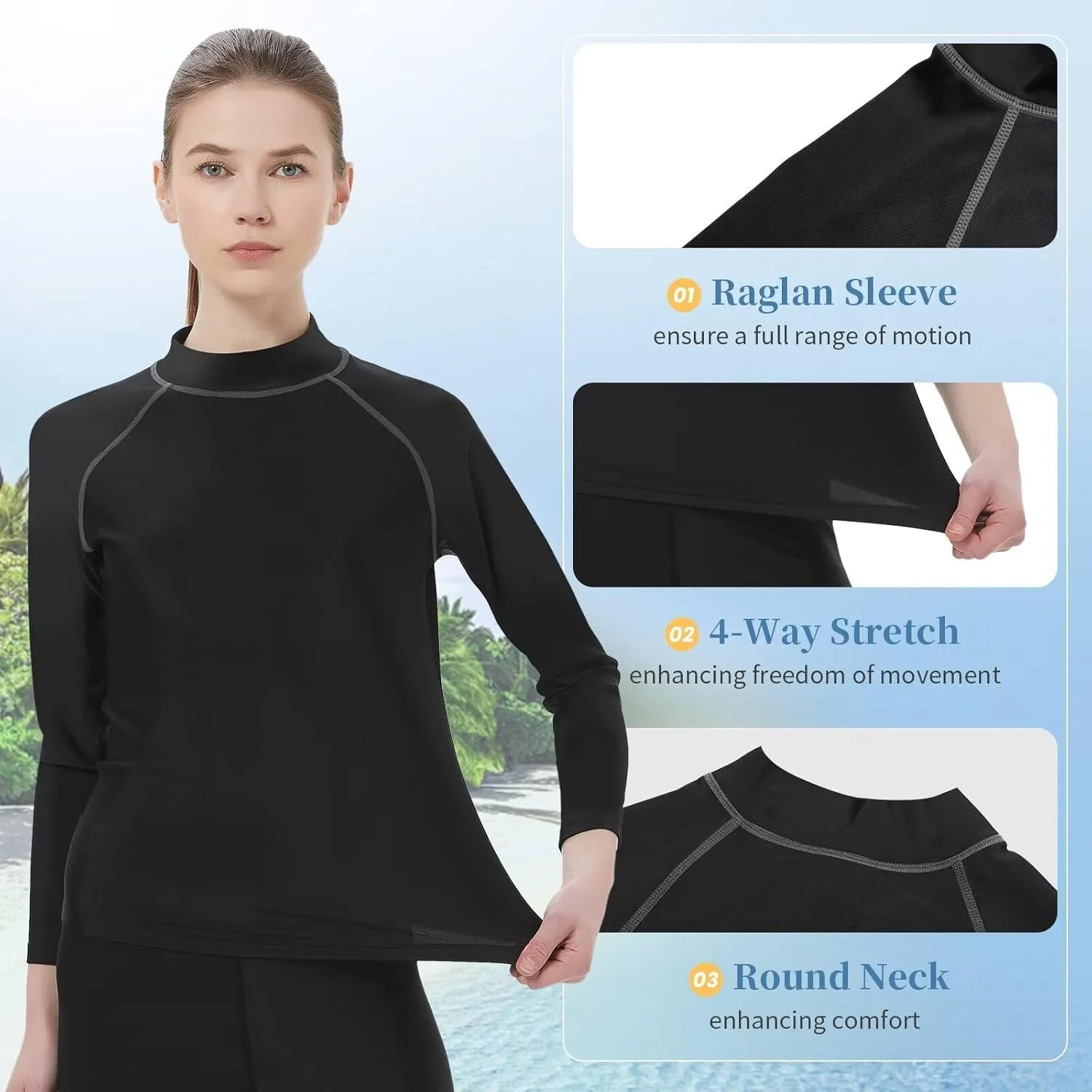 Womens Rash Guard UPF 50  Mock Turtleneck Swim Shirts Long Sleeve Quick Dry Lightweight Underwear for Women