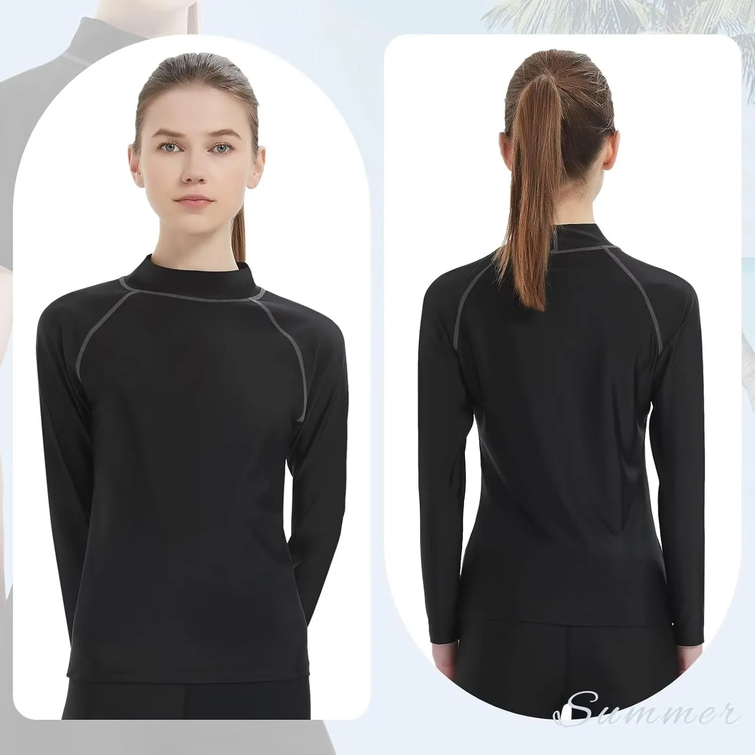 Womens Rash Guard UPF 50  Mock Turtleneck Swim Shirts Long Sleeve Quick Dry Lightweight Underwear for Women