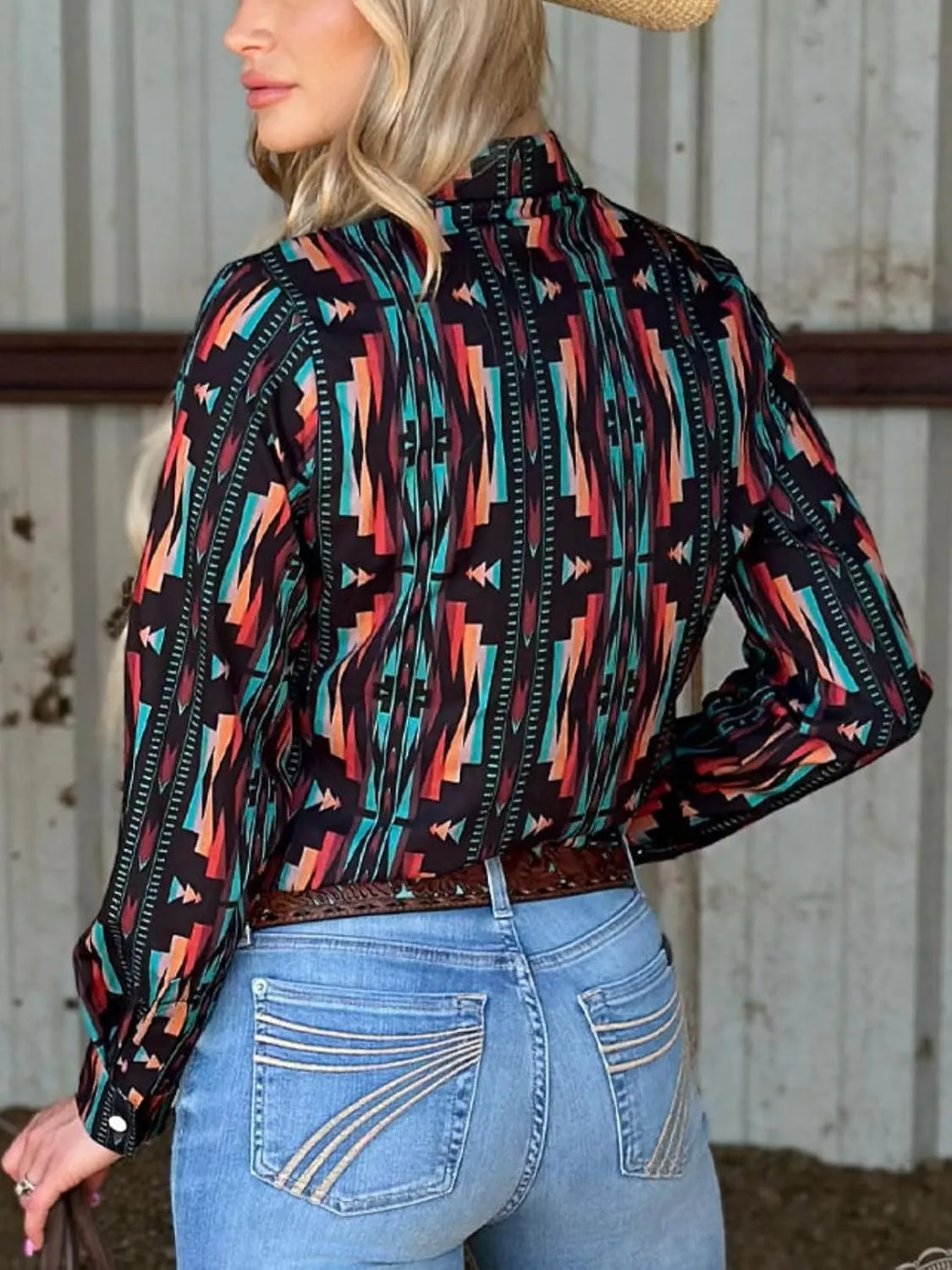 Women's Retro Aztec Shirt Western Cowgirl Pearl Snap Blouses Button Up Long Sleeve Ethnic Printed Top