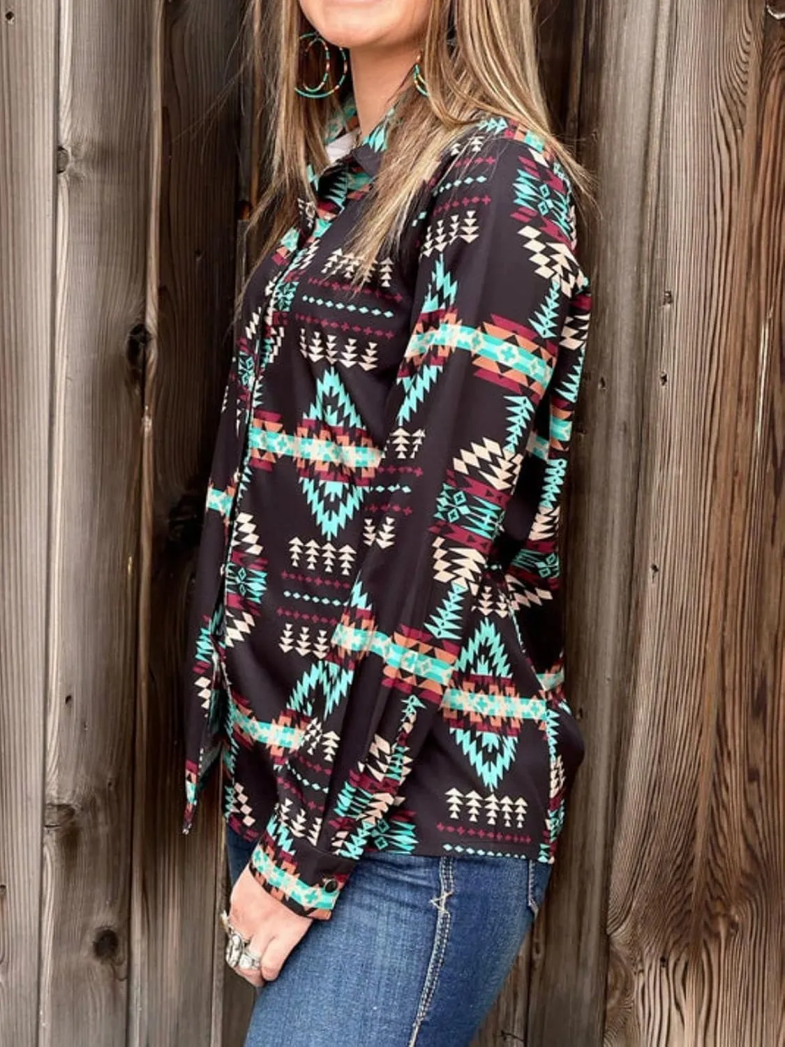 Women's Retro Aztec Shirt Western Cowgirl Pearl Snap Blouses Button Up Long Sleeve Ethnic Printed Top