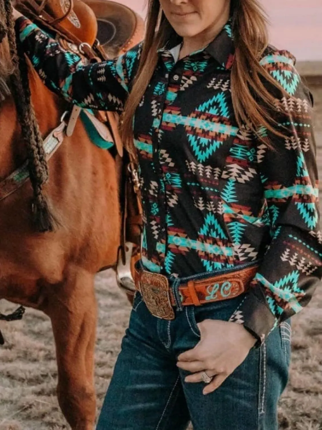 Women's Retro Aztec Shirt Western Cowgirl Pearl Snap Blouses Button Up Long Sleeve Ethnic Printed Top