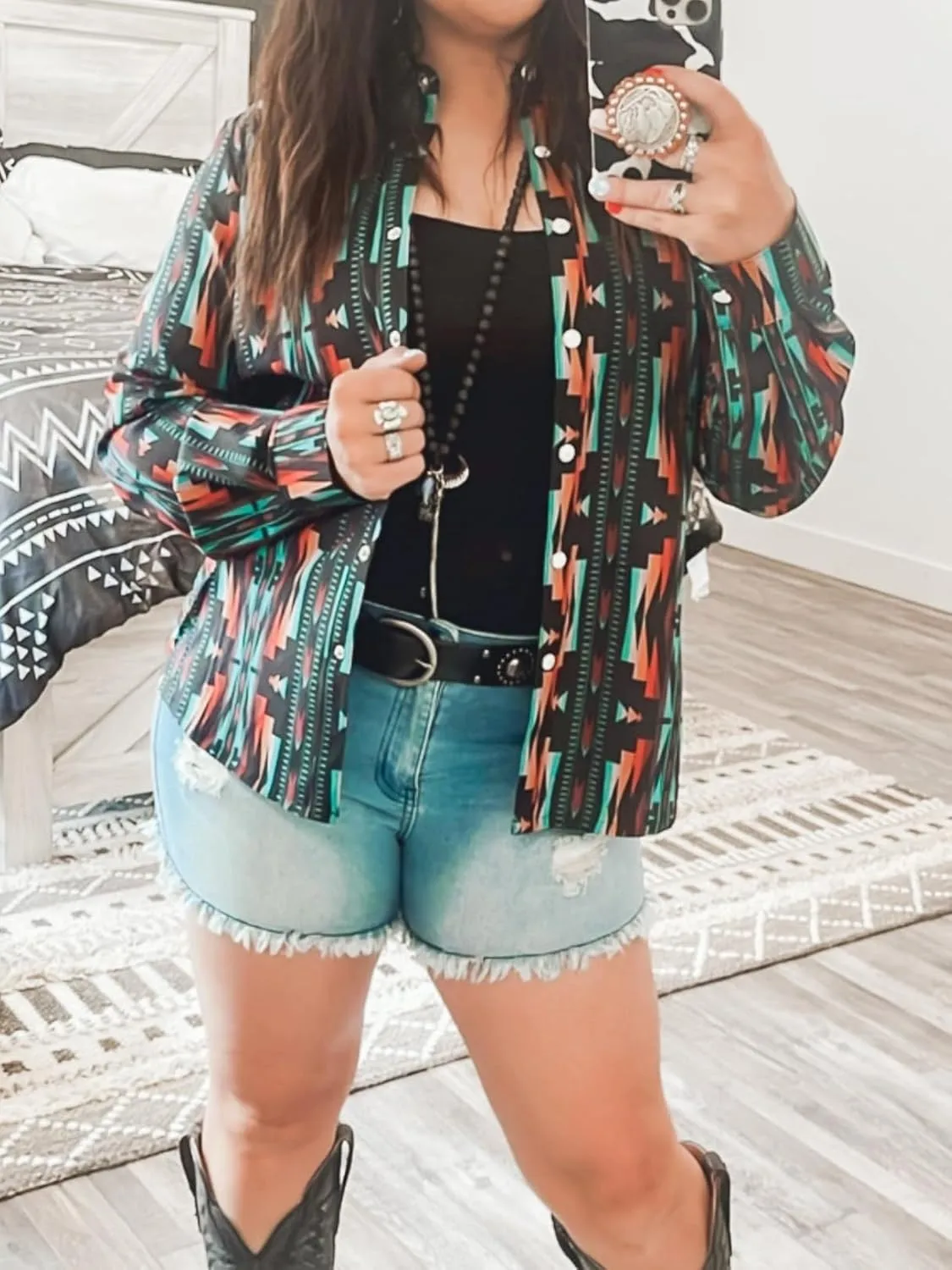 Women's Retro Aztec Shirt Western Cowgirl Pearl Snap Blouses Button Up Long Sleeve Ethnic Printed Top