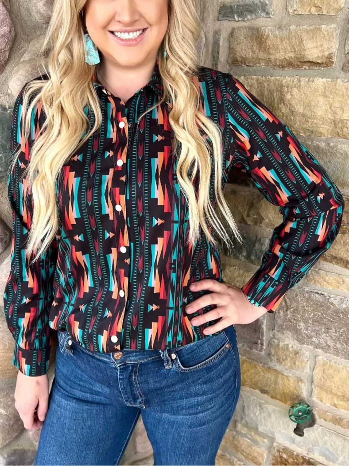 Women's Retro Aztec Shirt Western Cowgirl Pearl Snap Blouses Button Up Long Sleeve Ethnic Printed Top