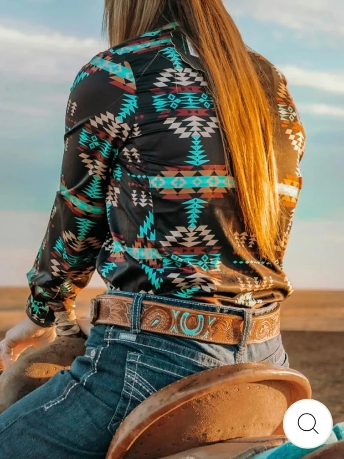 Women's Retro Aztec Shirt Western Cowgirl Pearl Snap Blouses Button Up Long Sleeve Ethnic Printed Top