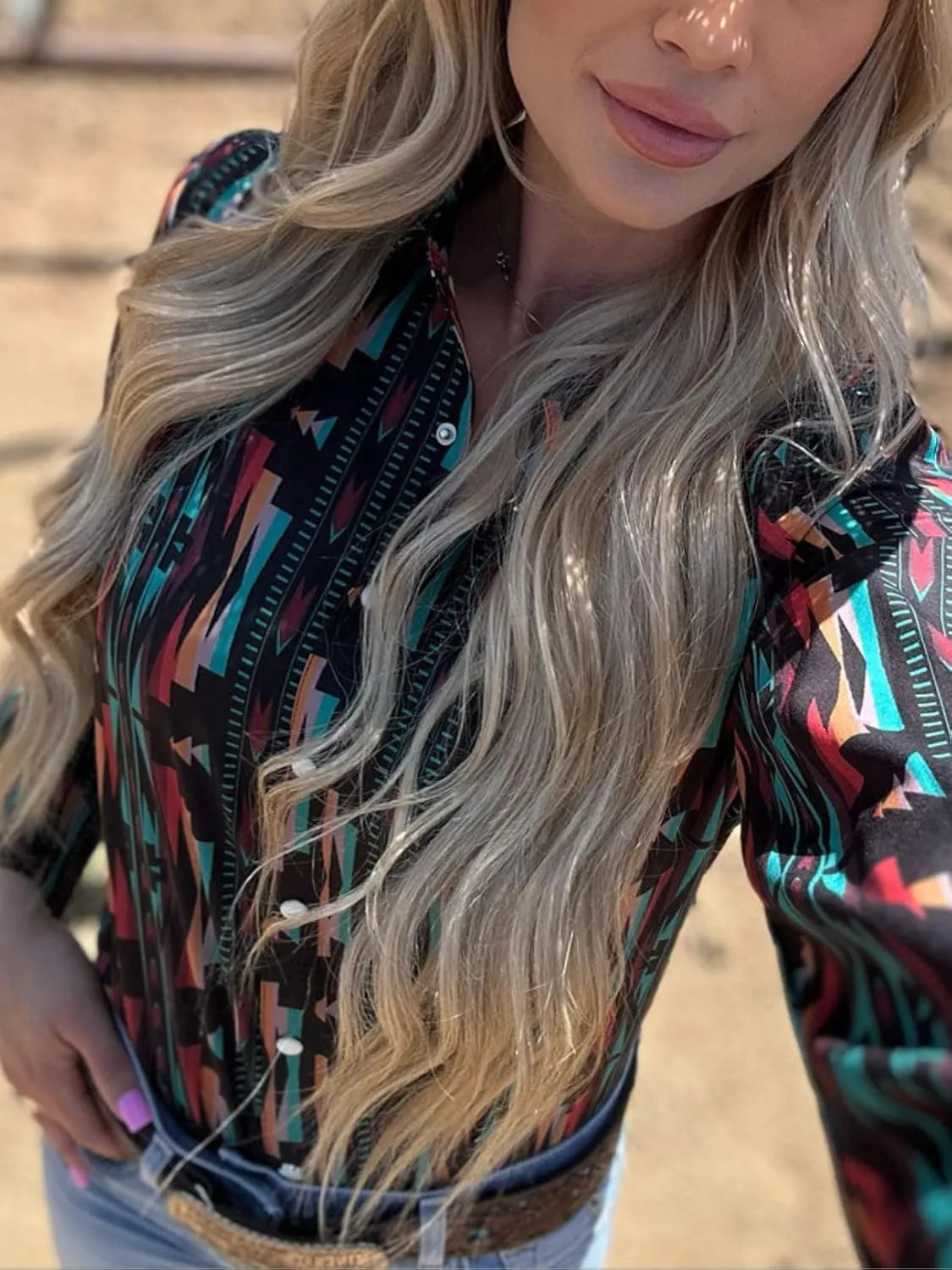 Women's Retro Aztec Shirt Western Cowgirl Pearl Snap Blouses Button Up Long Sleeve Ethnic Printed Top