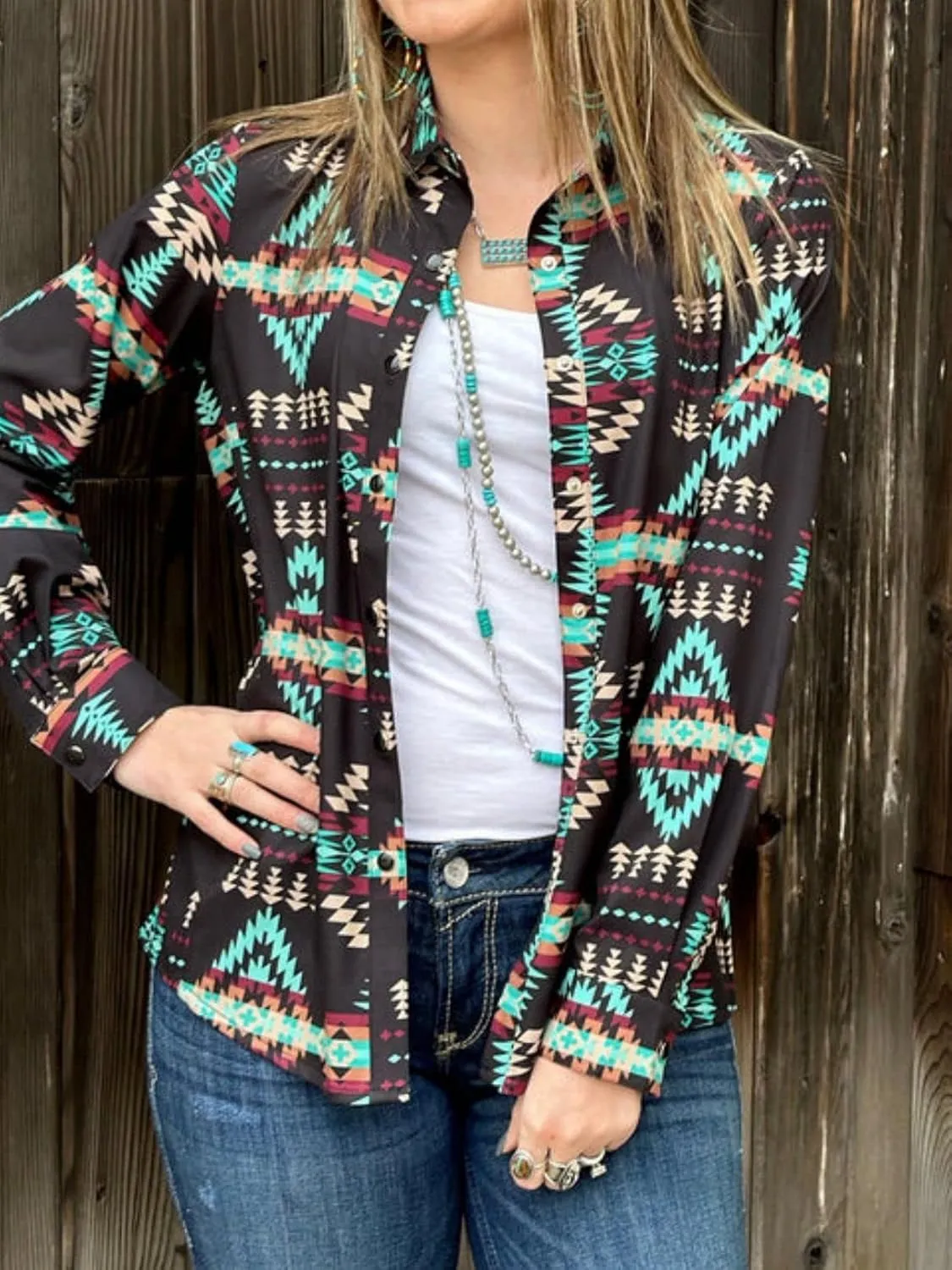 Women's Retro Aztec Shirt Western Cowgirl Pearl Snap Blouses Button Up Long Sleeve Ethnic Printed Top