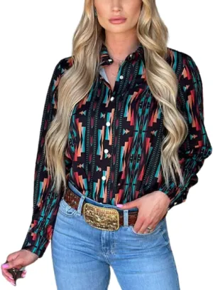 Women's Retro Aztec Shirt Western Cowgirl Pearl Snap Blouses Button Up Long Sleeve Ethnic Printed Top