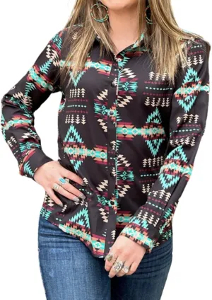 Women's Retro Aztec Shirt Western Cowgirl Pearl Snap Blouses Button Up Long Sleeve Ethnic Printed Top
