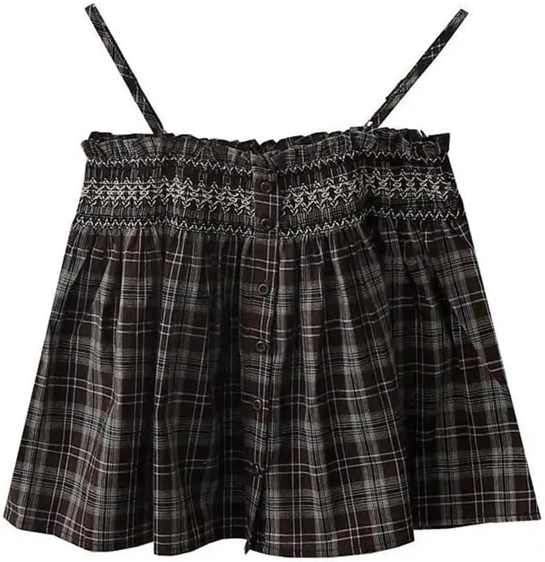 Womens Retro Spaghetti Straps Camisole Single-Breasted Plaid Loose Slim Crop Tank Tops