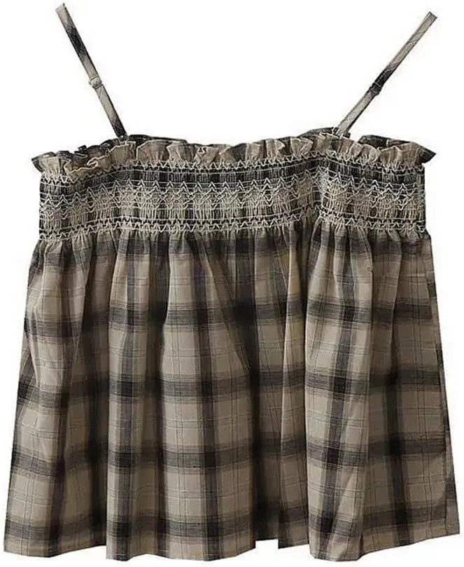 Womens Retro Spaghetti Straps Camisole Single-Breasted Plaid Loose Slim Crop Tank Tops