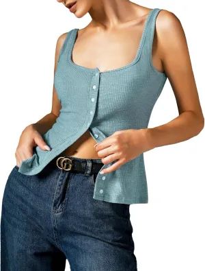 Womens Ribbed Tank Tops - Sleeveless Blouses Button Down Henley Shirts Summer Vest Cami Top
