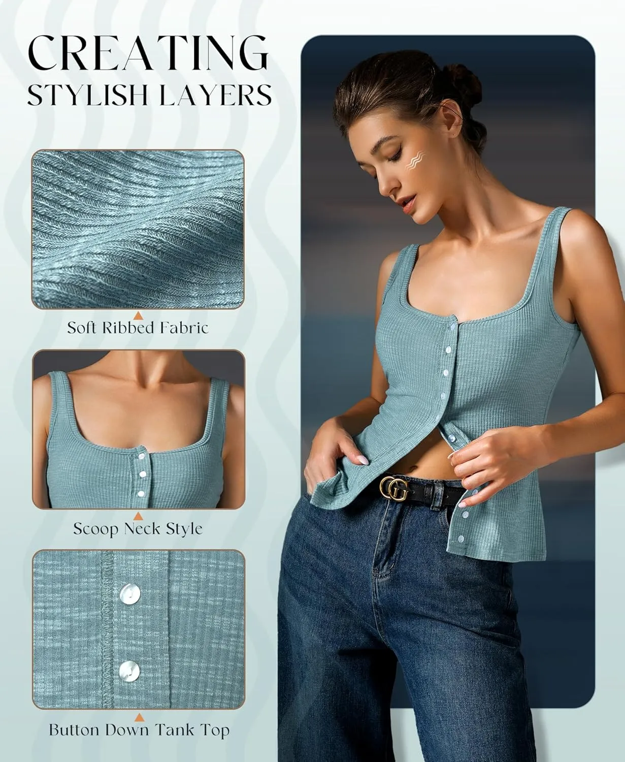 Womens Ribbed Tank Tops - Sleeveless Blouses Button Down Henley Shirts Summer Vest Cami Top
