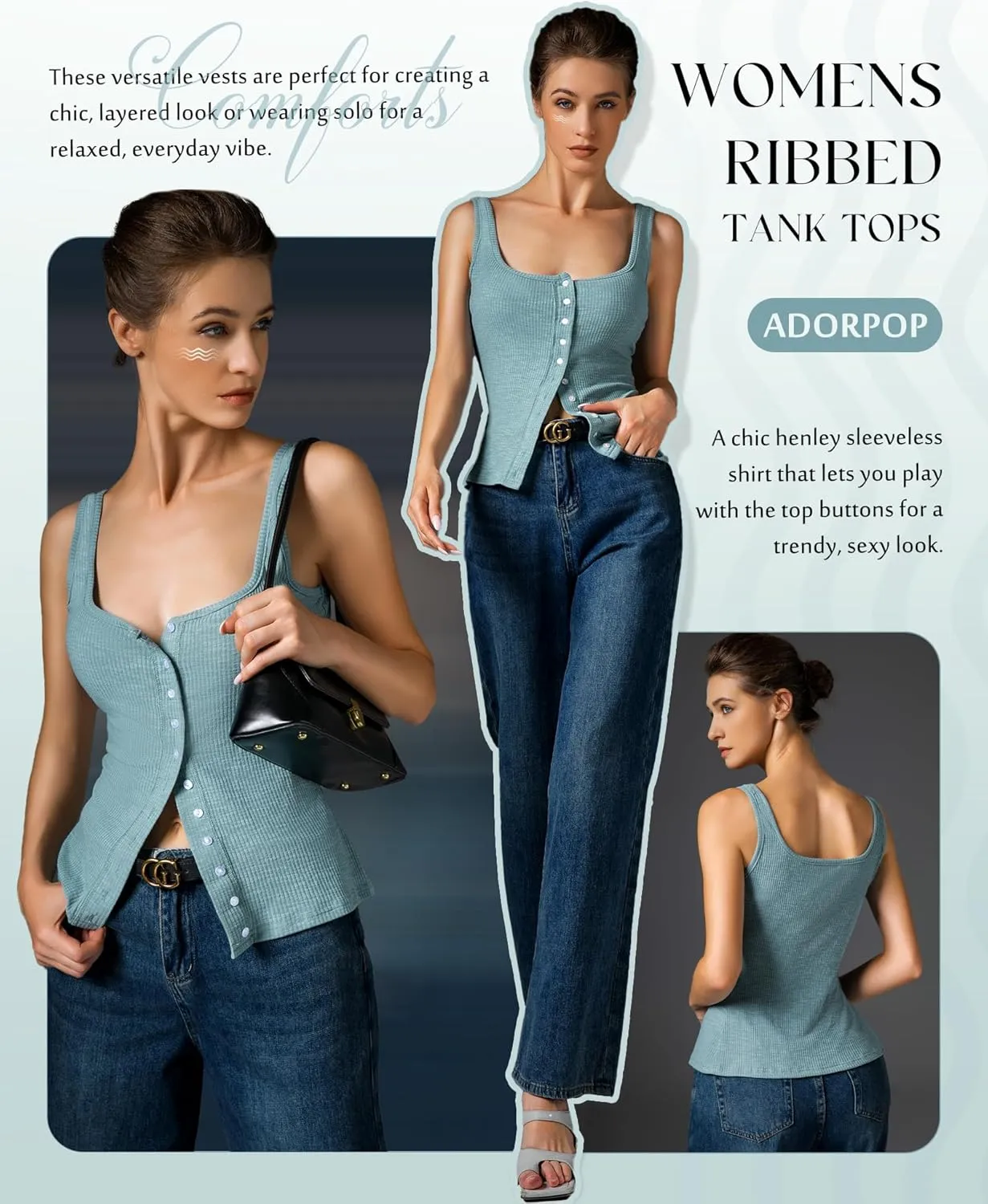 Womens Ribbed Tank Tops - Sleeveless Blouses Button Down Henley Shirts Summer Vest Cami Top