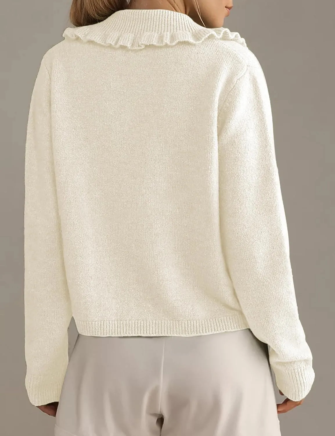 Womens Ruffle Cropped Sweater Open Front Outerwear Elegant Long Sleeve Knitted Cardigan Button Jacket Fall Tops