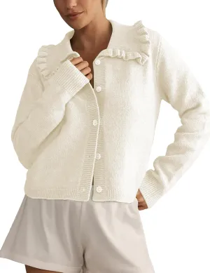 Womens Ruffle Cropped Sweater Open Front Outerwear Elegant Long Sleeve Knitted Cardigan Button Jacket Fall Tops