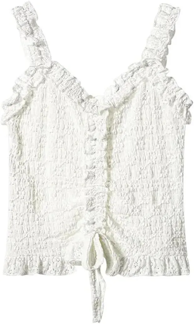 Womens Ruffle Drawstring Camisole Summer V-Neck Sleeveless Short Slimming Suspender Tops