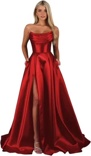 Women's Satin Prom Dresses with Slit Strapless Cowl Neck Corset Formal Dresses A Line Ball Gowns with Pockets XOD0456