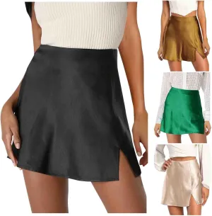 Women's Satin Split Slit Mini Skirt High Waisted Elastic Waist Sexy A-Line Silk Soft Elegant Short Skirts 2025