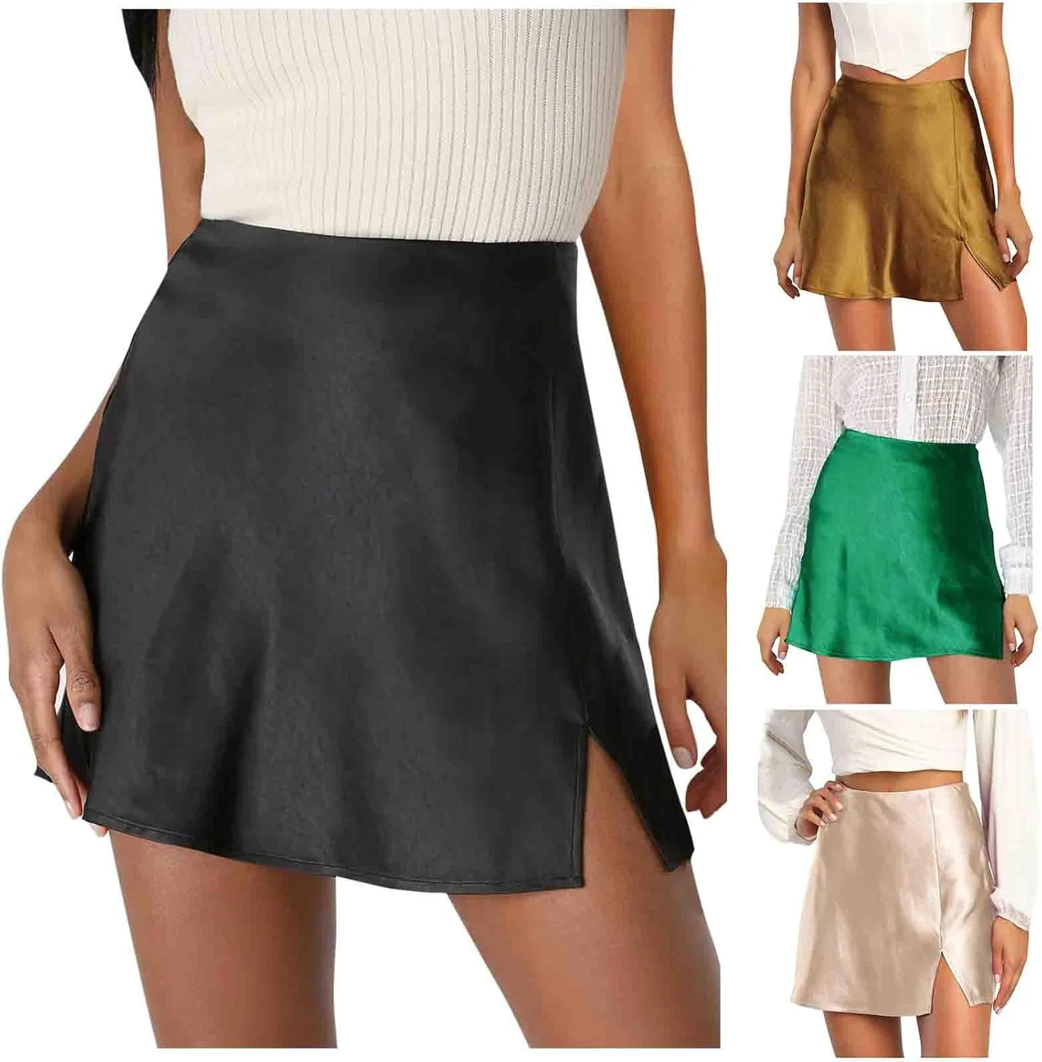 Women's Satin Split Slit Mini Skirt High Waisted Elastic Waist Sexy A-Line Silk Soft Elegant Short Skirts 2025