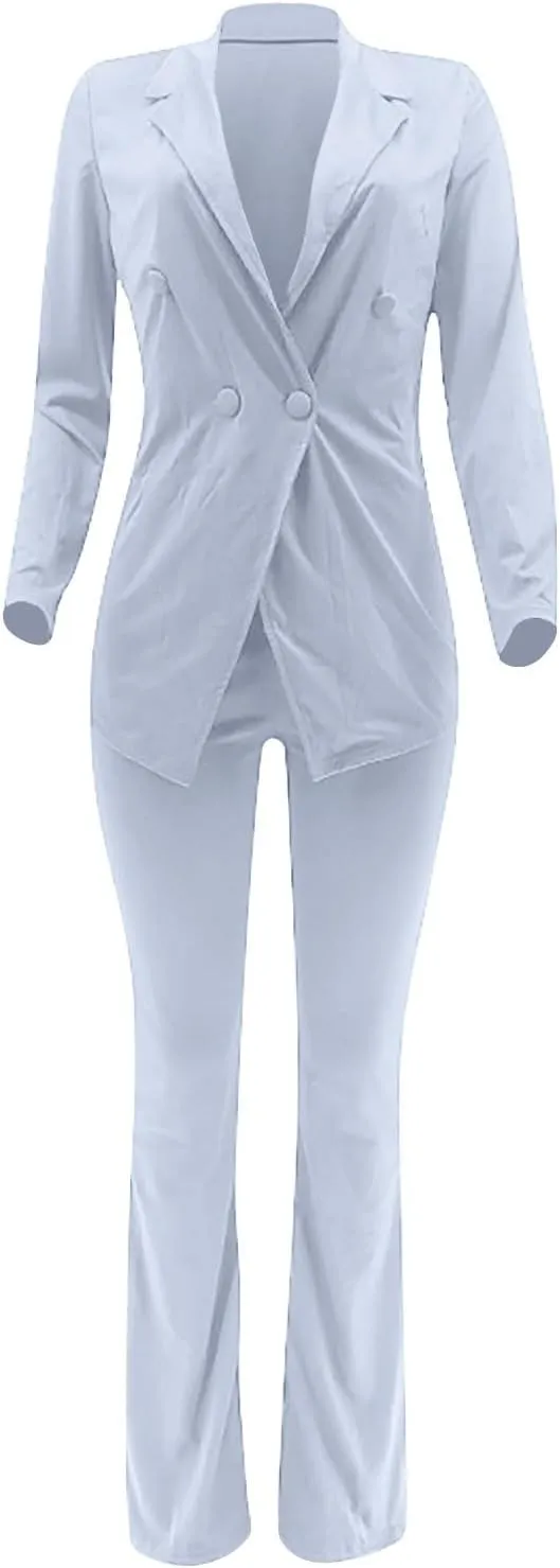 Women's Sexy Casual Pants Suit 2 Piece Business Outfits Solid Long Sleeve Blazer and Slim Fit Bell Bottoms Pant Sets