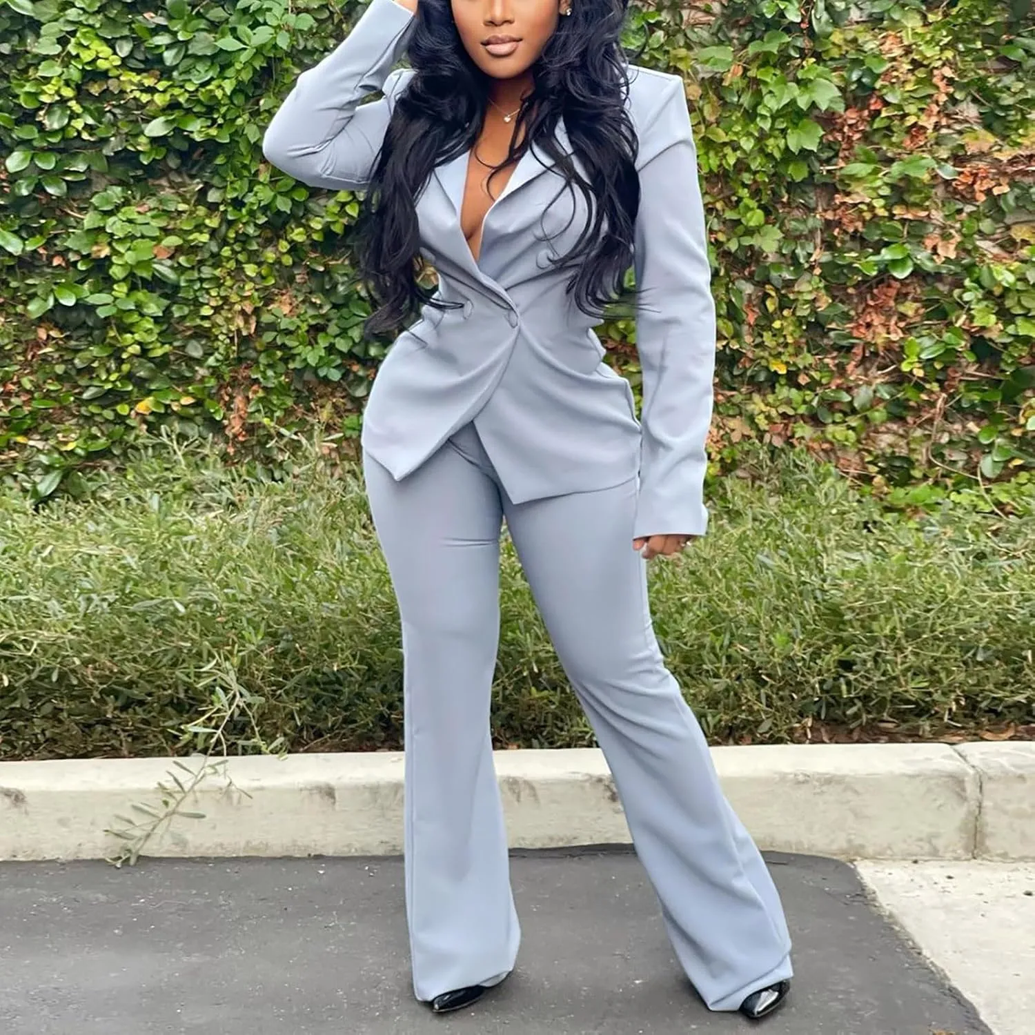 Women's Sexy Casual Pants Suit 2 Piece Business Outfits Solid Long Sleeve Blazer and Slim Fit Bell Bottoms Pant Sets