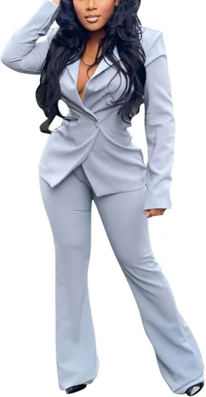 Women's Sexy Casual Pants Suit 2 Piece Business Outfits Solid Long Sleeve Blazer and Slim Fit Bell Bottoms Pant Sets