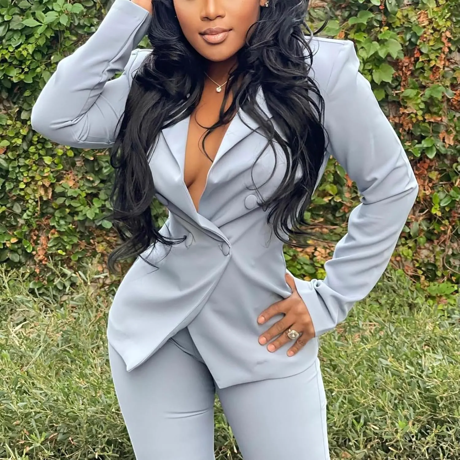 Women's Sexy Casual Pants Suit 2 Piece Business Outfits Solid Long Sleeve Blazer and Slim Fit Bell Bottoms Pant Sets