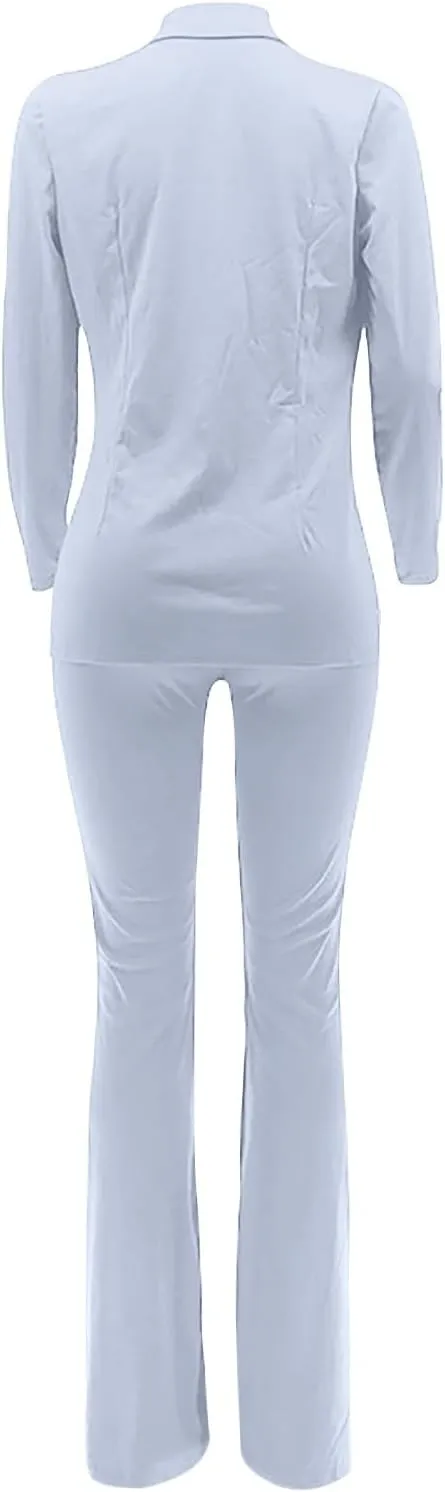 Women's Sexy Casual Pants Suit 2 Piece Business Outfits Solid Long Sleeve Blazer and Slim Fit Bell Bottoms Pant Sets