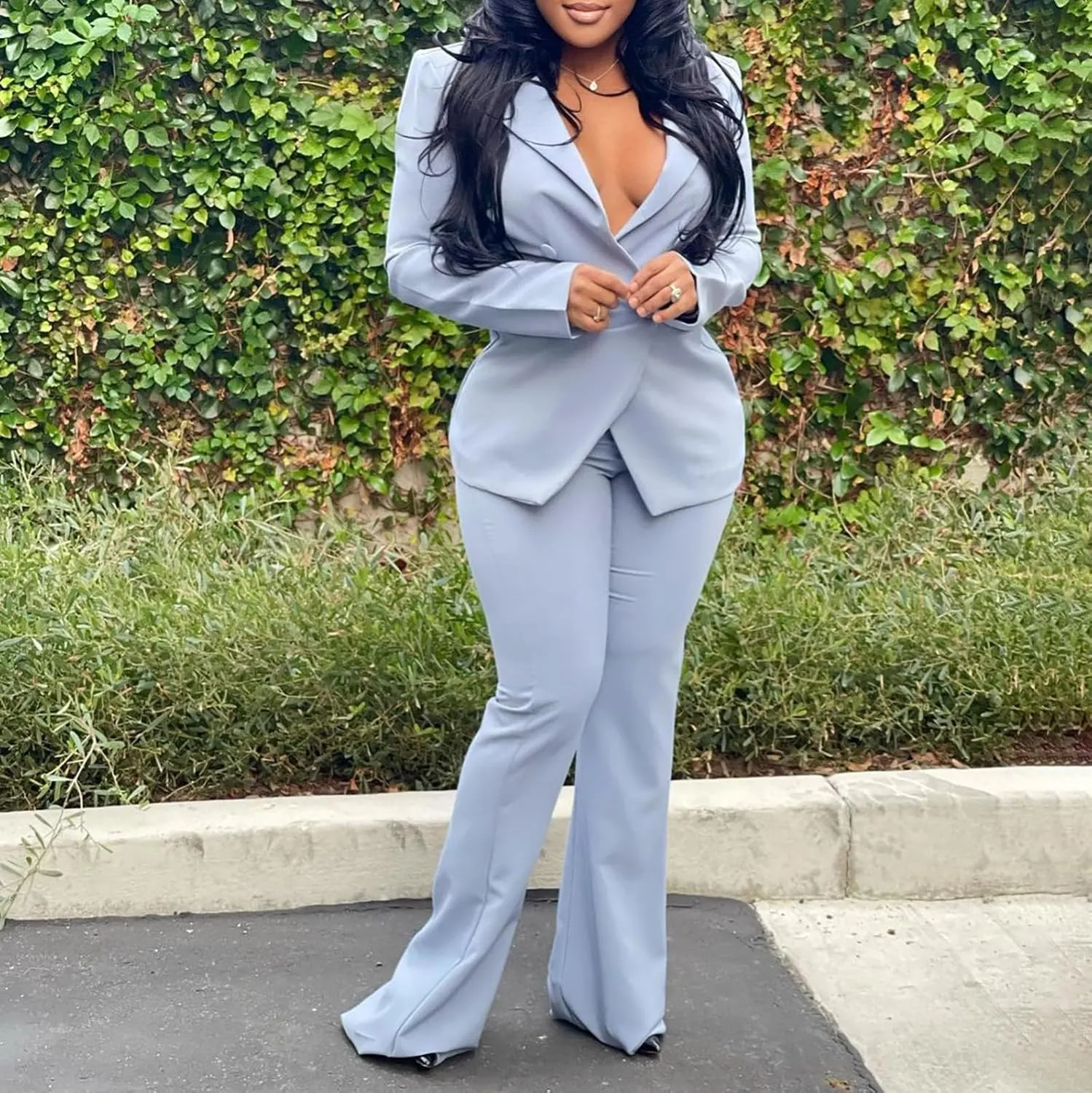 Women's Sexy Casual Pants Suit 2 Piece Business Outfits Solid Long Sleeve Blazer and Slim Fit Bell Bottoms Pant Sets