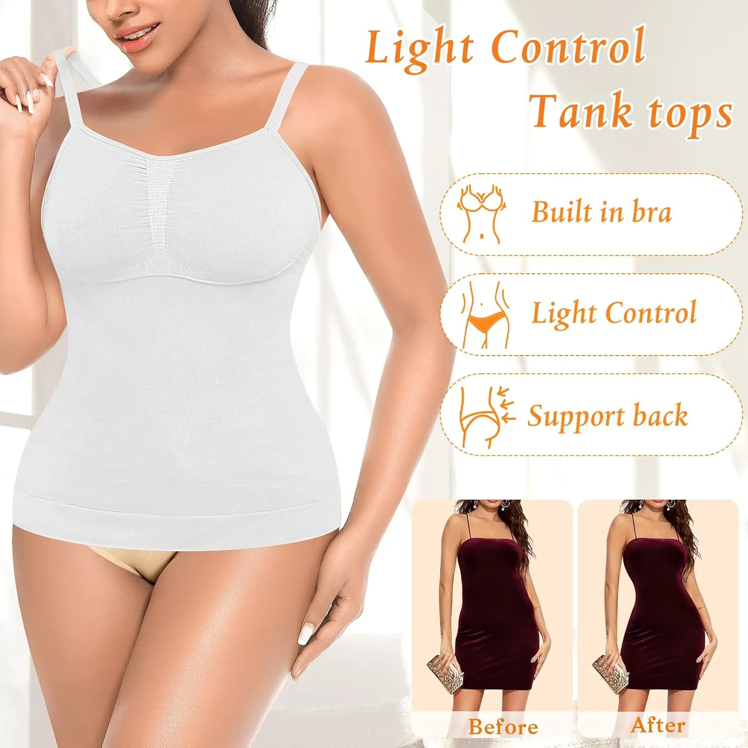 Womens Shapewear Tank Tops with Built in Bra Tummy Control Cami Shaper Compression Shaping Tops