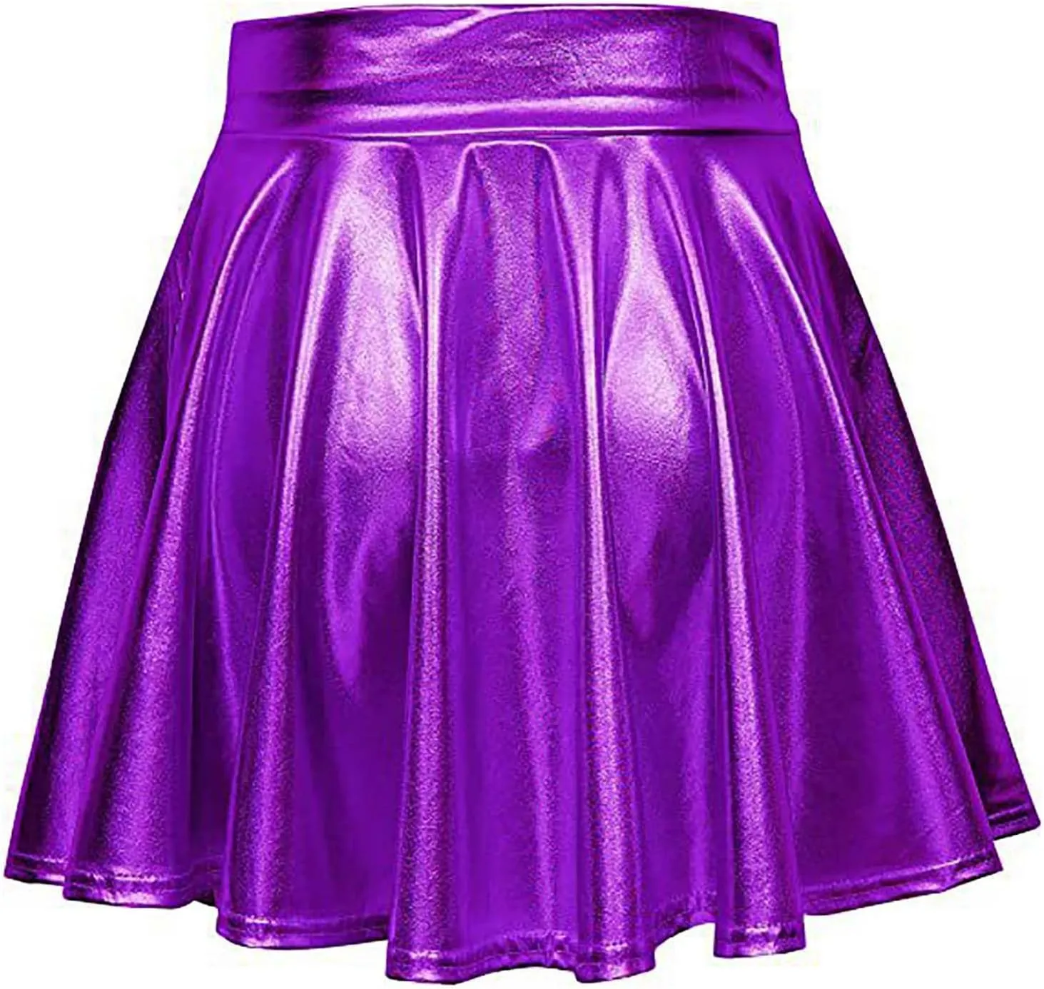 Womens Shiny Flared Pleated Short Mini Skater Skirt High Waisted A-Line Dance Skirt for Nightclub Costumes Clubwear