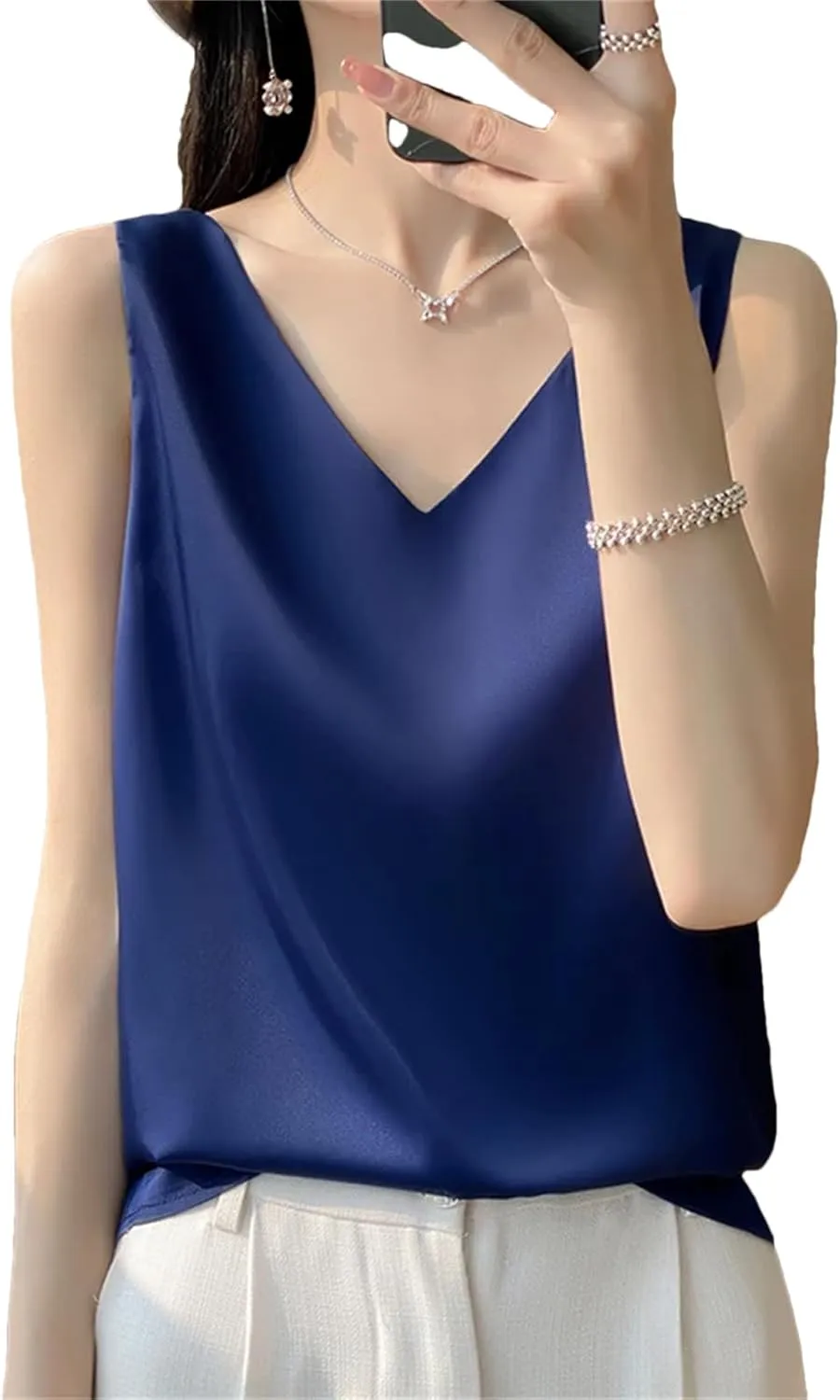 Women's Silk Satin Camisole Tank Tops for Women Trendy Female Summer Basic V-Neck Sleeveless Blouse Shirts