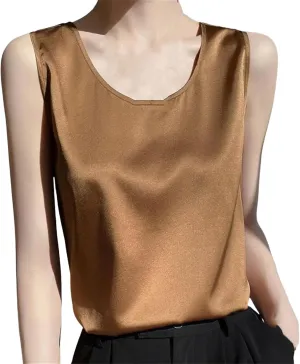 Womens Silk Satin Tank Tops Crew Neck Casual Cami Sleeveless Camisole Blouses Tank Shirt