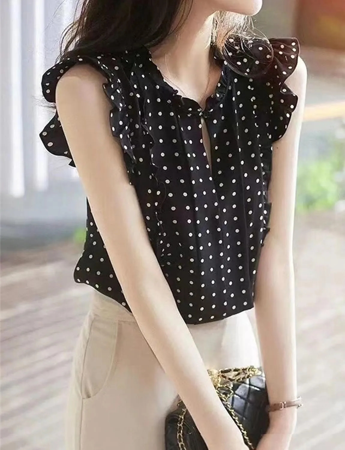 Womens Sleeveless Chiffon Blouses Summer Mock Neck Peasant Tops for Women Dressy