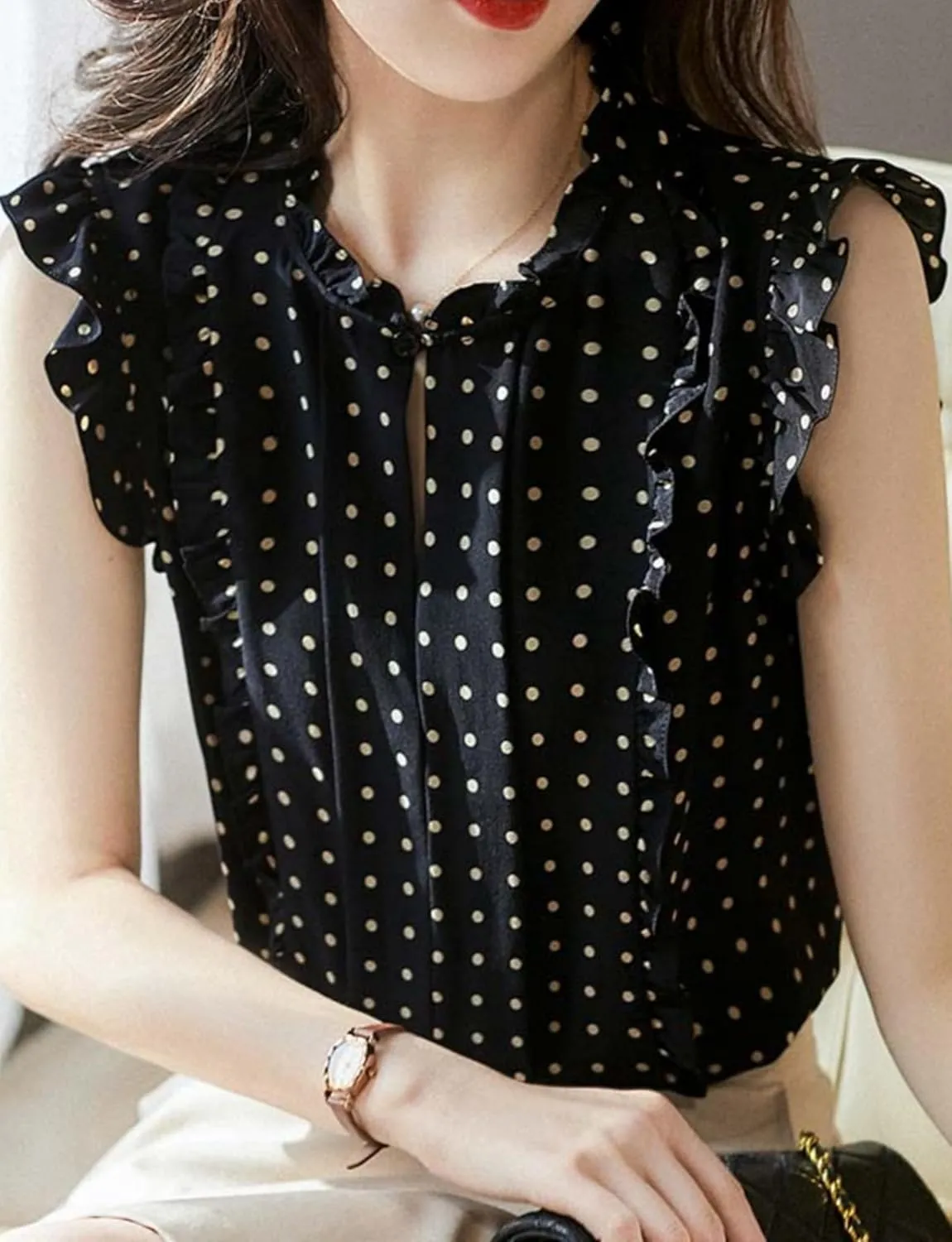 Womens Sleeveless Chiffon Blouses Summer Mock Neck Peasant Tops for Women Dressy